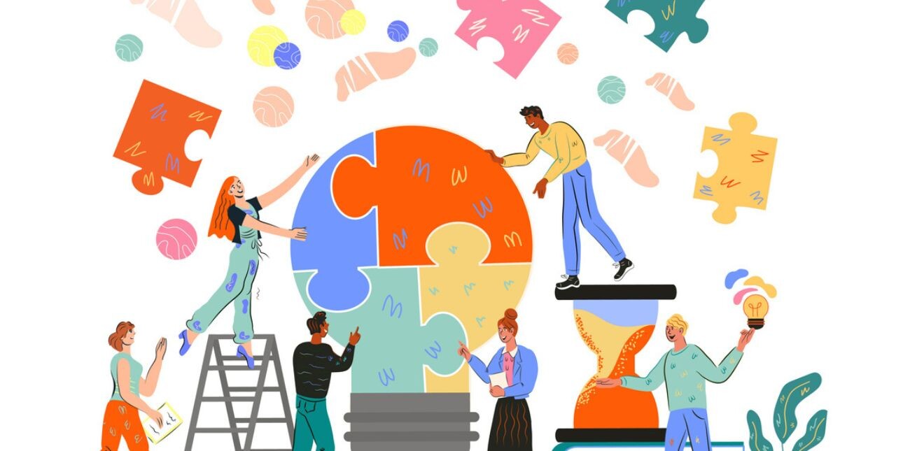 Illustrayion of a diverse group of people putting together a light bulb made out of colourful puzzle pieces